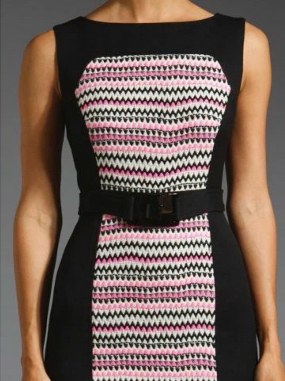 Milly New York Fiona Triangle Tweed Belted Sheath Dress Black Pink White size 4